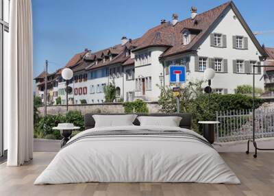 Terraced houses by the roadside in european city of Diessenhofen in Switzerland Wall mural