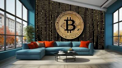 Bitcoin golden coin on golden computer data background Wall mural