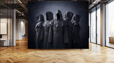 Group of five scary figures in hooded cloaks in the dark Wall mural