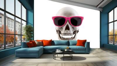 Human skull with pink glasses and open jaw isolated on white background with clipping path Wall mural