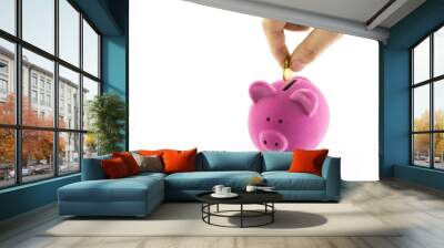 Pink piggy bank and hand with coin Wall mural