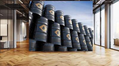 Oil barrels with oil signage stacked on top of each other during daylight. 3D illustration, shot from the angle. Wall mural