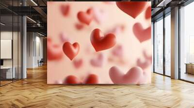 Valentine's Day background on a peach-colored surface with copy space. Cute red and pink hearts are flying in motion, with a soft tone and a cute style for a love concept Wall mural