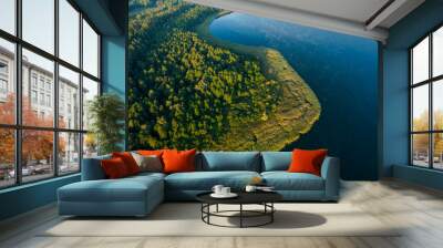 aerial landscape of the lake and part of the green forest in a daylight. Wall mural