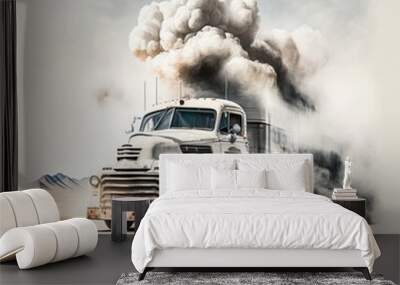 poster of an american old truck speeding on a high way surrounded by smoke,clear tires and plate number , depth of field Wall mural