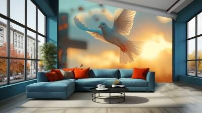 A serene image of a dove flying in front of a cross, symbolizing the Holy Spirit Wall mural