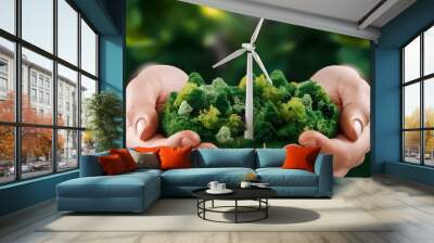 Green technology and Eco power, wind turbines in the hand Wall mural