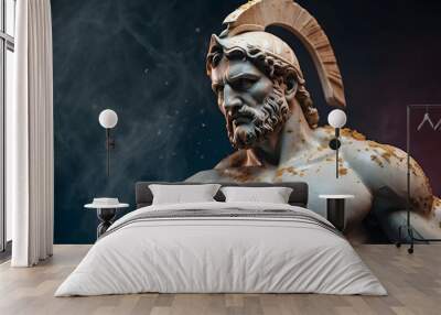 Marble sculpture of a stoic man. Marble sculpture of a stoic man.  Gypsum copy of ancient statue Seneca head on dark textured background. Plaster sculpture man face. Wall mural