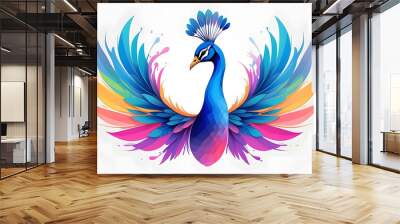 Ornamental beautiful textured peacock. Embroidery style colorful bright peacock bird. Vector ornate white background illustration with multicolor exotic royal peacock bird. Luxury tail. Wall mural