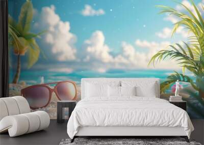 Cartoon depiction of a summer getaway landscape with a beach, sand, and playful vacation items.
 Wall mural