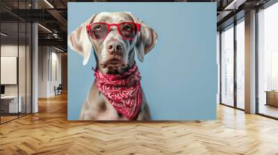 Funny pet banner - Weimaraner wearing sunglasses and red bandana in hippie style isolated on soft blue background Wall mural