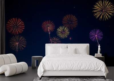 Fireworks new years celebration 2025, abstract transparent background, holiday festive season party city event. Warm yellow gold colourful star fire display illuminate night sky. 3d modern digital art Wall mural