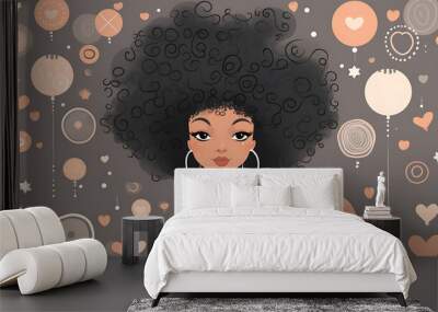 A smiling woman with black curly hair and peach skin surrounded by pink and beige hearts and balloons, celebrating love and happiness. 
 Wall mural