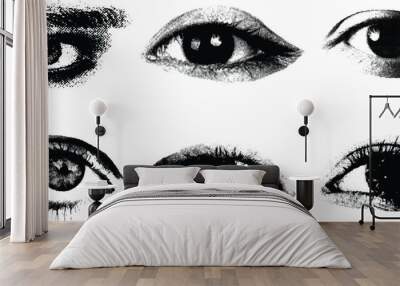 Eyes with monochrome halftone stipple effect, for y2k collage design. Elements in brutalist retro photocopy design. Vector illustration Wall mural