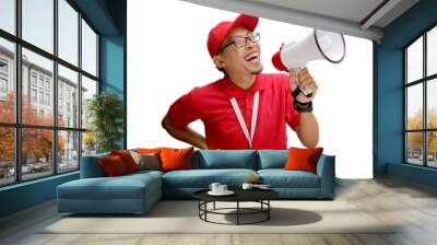 Asian delivery man or courier shouting into a megaphone, announcing a promo, special offer, discount, and great deals, isolated on a white background Wall mural