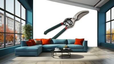 Pruning scissors (Pruning shears, Garden secateurs) with green grip isolated on white background Wall mural