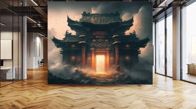  illustration of Fantasy background with mysterious ancient Chinese temple in mountains. Digital artwork. Chinese style Wall mural