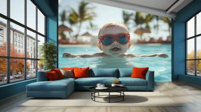 A baby wearing sunglasses floats in a pool. Wall mural