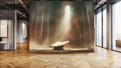 A book lies open in a sunlit, ancient hall. Wall mural