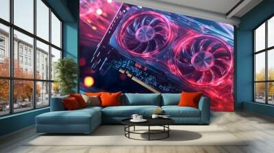 A graphics card with red and blue lights. Wall mural