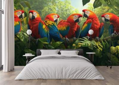 A group of colorful macaws perched on a branch. Wall mural