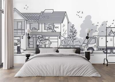 A house, two people, and a truck. Wall mural