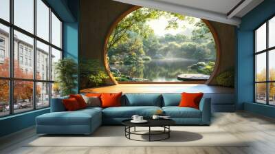 A Japanese-style room with a view of a pond. Wall mural