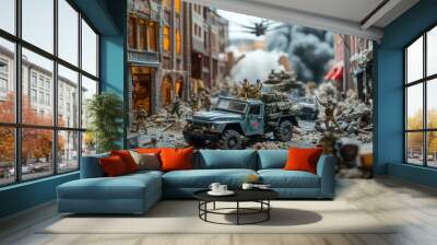 A military diorama with soldiers and vehicles. Wall mural