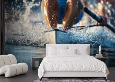 A rower's legs and oar splashing water. Wall mural