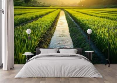 A water channel between two rows of green grass. Wall mural