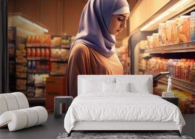 A woman in a supermarket holding a smartphone Wall mural