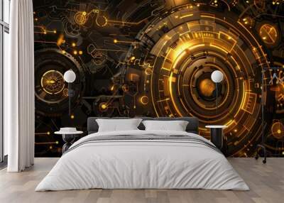 Abstract futuristic tech background with glowing gold lines. Wall mural