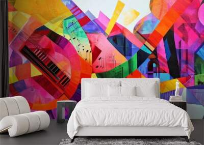 Abstract painting with musical notes and piano keys. Wall mural