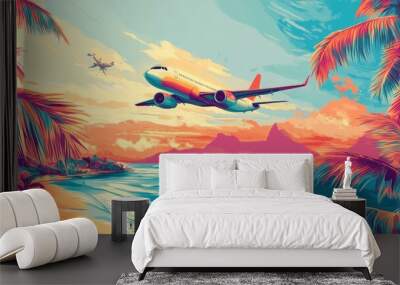 Airplane flying over tropical beach with palm trees. Wall mural