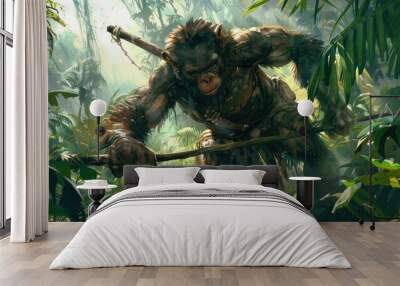 Ape Hunter in Dense Jungle Wall mural