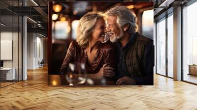 Attractive and elegant mature couple tourists on big cruise ship. Wall mural