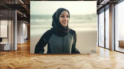 beautiful sport muslim woman smiling. healthy woman with scarf exercising Wall mural