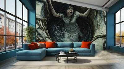 Bloody woman trapped in a dark well. Wall mural