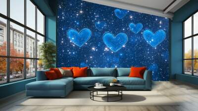 Blue hearts on a starry night. Wall mural