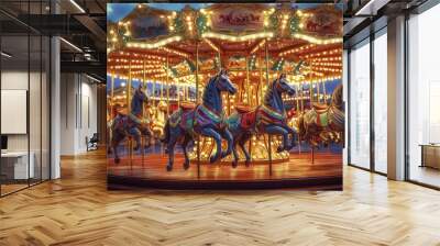 Carousel horses with golden lights at night. Wall mural