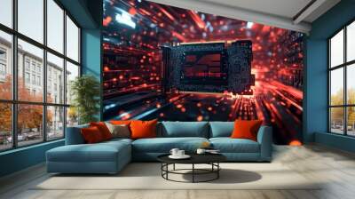 Circuit board with red lights in a dark setting. Wall mural