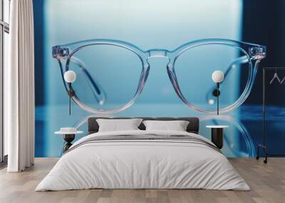 Clear glasses on blue background. Wall mural