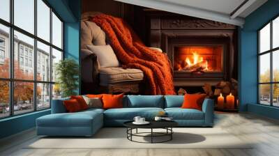 cozy cottage with a fireplace and a comfortable sofa Wall mural