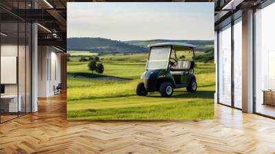 Cruise along the manicured fairways of a breathtaking golf course in a golf cart, soaking in the serene surroundings. Wall mural