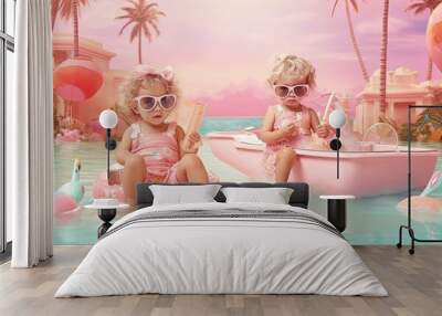 cute kids in swimming pool. Photo of children summer vacation. Wall mural