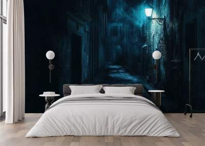 Dark, cobblestone alleyway lit by a single lamp. Wall mural