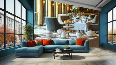 Elegant tea setting with pastries in a luxurious room. Wall mural