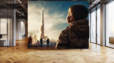 Eyes on the Sky: Little Child Amazed by Rocket Launch into Space by Generative AI Wall mural