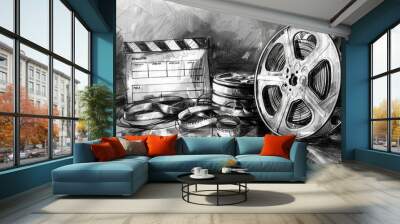 Film reel, clapperboard, and film strip in grayscale. Wall mural