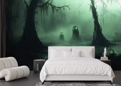 Foggy swamp with two shadowy figures. Wall mural